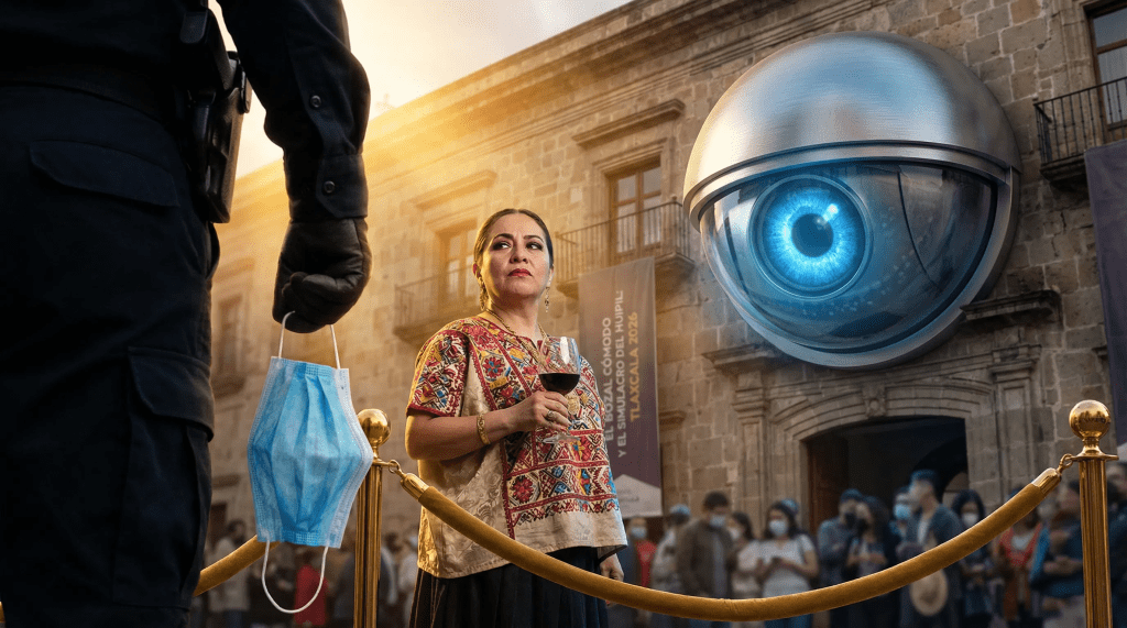 Imagen cinematográfica e hiperrealista para el ensayo "El Bozal Cómodo y el Simulacro del Huipil" en Tlaxcala 2026. En primer plano, la mano de un guardia sostiene un cubrebocas quirúrgico azul como un simple accesorio. Detrás, una burócrata de alto rango con un lujoso huipil bordado tlaxcalteca se encuentra en una zona VIP exclusiva con una copa de vino, mostrando una expresión arrogante. Un ojo mecánico gigante, integrado en la arquitectura colonial de un edificio gubernamental, observa a la multitud desde arriba. La iluminación es dramática, contrastando el brillo frío de la cámara de seguridad con el resplandor dorado del bordado artesanal. La atmósfera captura la hipocresía burocrática y la vigilancia omnipresente.