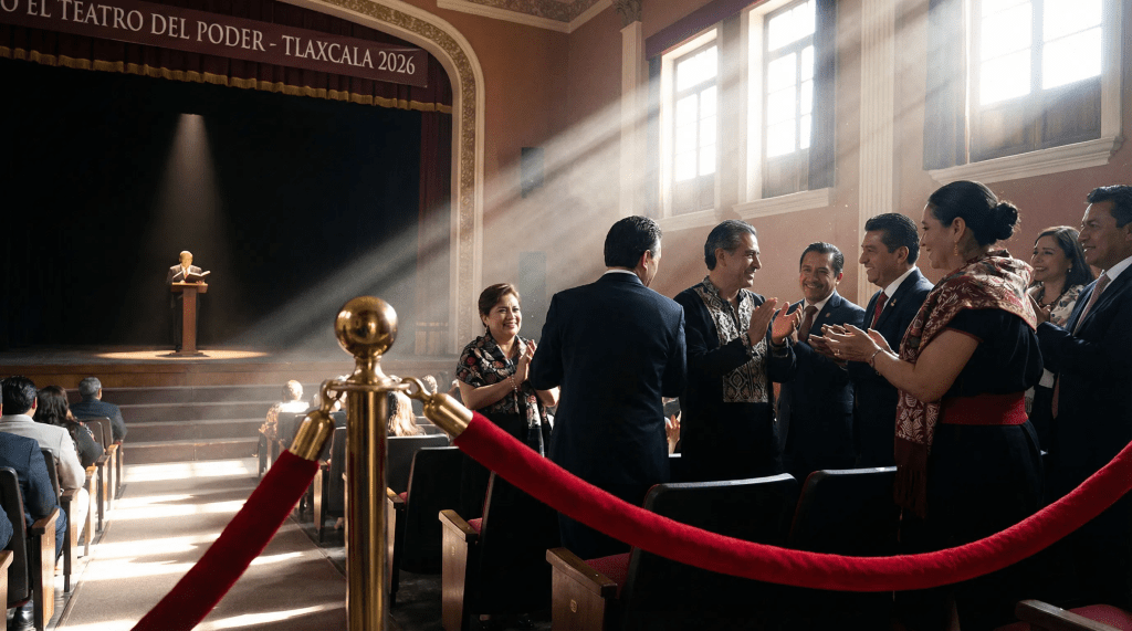 Imagen cinematográfica e hiperrealista para el ensayo "El Teatro del Poder" en Tlaxcala 2026. La escena muestra el interior del Teatro Xicohténcatl a las doce del día, con una luz solar intensa filtrándose por las ventanas. En primer plano, una cuerda de terciopelo rojo con un poste dorado marca la zona VIP. Detrás, la élite tlaxcalteca aplaude con sonrisas ensayadas mientras un actor lee en el escenario al fondo. La luz resalta la textura del terciopelo y los bordados de lujo, capturando la atmósfera de distinción social y simulación institucional.