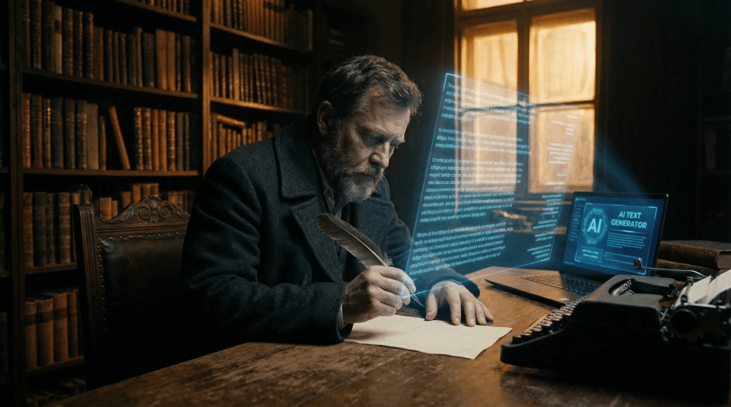 Escritor con pluma de ave escribe en papel mientras una interfaz holográfica de inteligencia artificial genera texto a su lado, sobre una mesa con máquina de escribir y laptop, en estudio de biblioteca con iluminación cinematográfica.