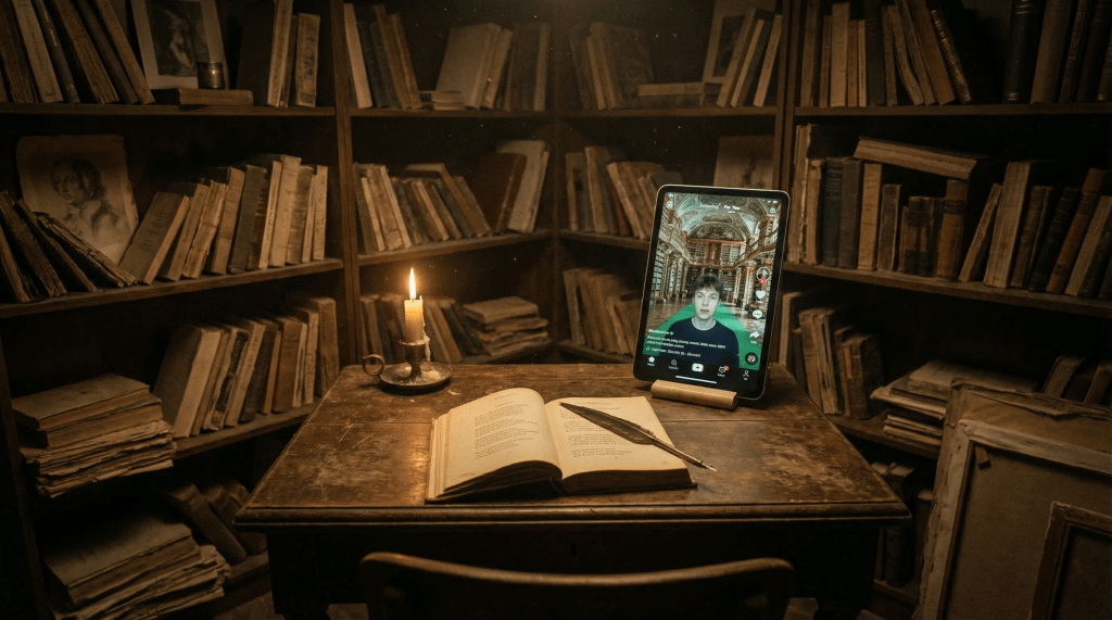 Escritorio de madera antigua con libro de poesía abierto, pluma y vela encendida en biblioteca polvorienta, junto a una tableta mostrando un video de TikTok con fondo de pantalla verde simulando una gran biblioteca.