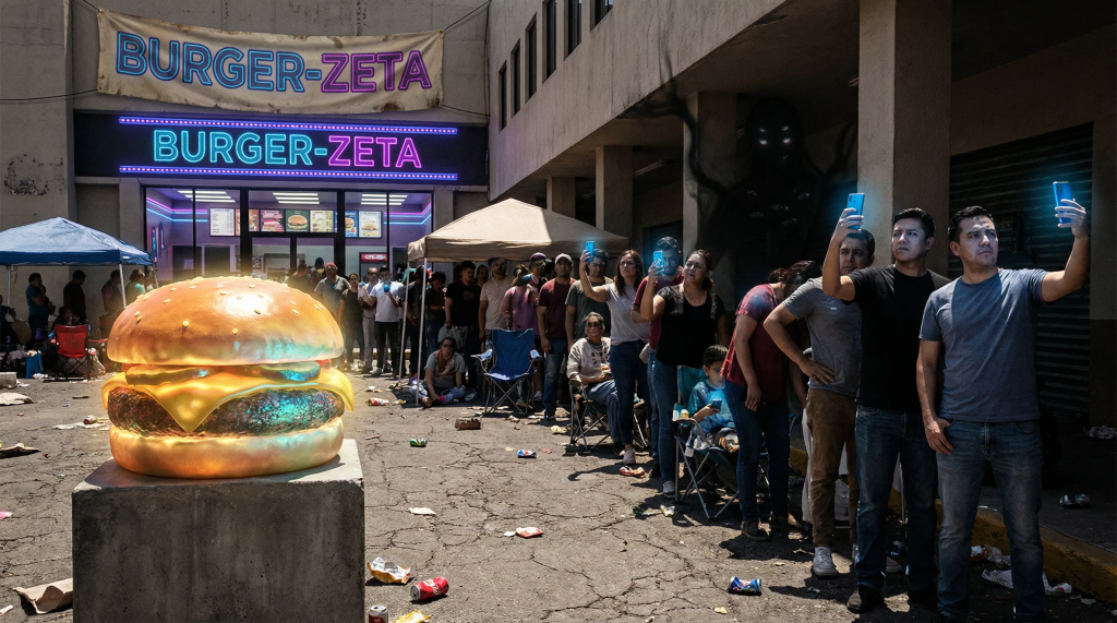Imagen cinematográfica e hiperrealista para el cuento "El Purgatorio de la Carne". La escena muestra una fila interminable de personas con rostros vacíos frente a un local de neón llamado "Burger-Zeta" en Tlaxcala al mediodía. En primer plano, una hamburguesa gigante emite un brillo hipnótico y sobrenatural. La gente se toma selfies con sus celulares, cuyas luces azules iluminan sus caras inexpresivas. En las sombras del edificio, se vislumbra la silueta de una entidad multi-dimensional con ojos brillantes. La iluminación es de alto contraste, capturando una atmósfera de trance consumista y horror cósmico.