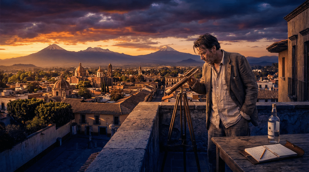 Imagen cinematográfica e hiperrealista para el ensayo "La Mirada del Extraño". Muestra a un hombre inglés solitario y desaliñado (representando a Malcolm Lowry) en un balcón con vistas a un paisaje mexicano surrealista y majestuoso al atardecer. Al fondo, los volcanes Popocatépetl e Iztaccíhuatl bajo un cielo dramático de tonos naranjas y púrpuras. El hombre observa a través de un antiguo telescopio de latón, sugiriendo una mirada enfocada y distorsionada. A su lado, una botella de mezcal y un cuaderno con anotaciones. La iluminación es de alto contraste, capturando una atmósfera de fascinación exótica, aislamiento existencial y una sensación de destino inminente.
