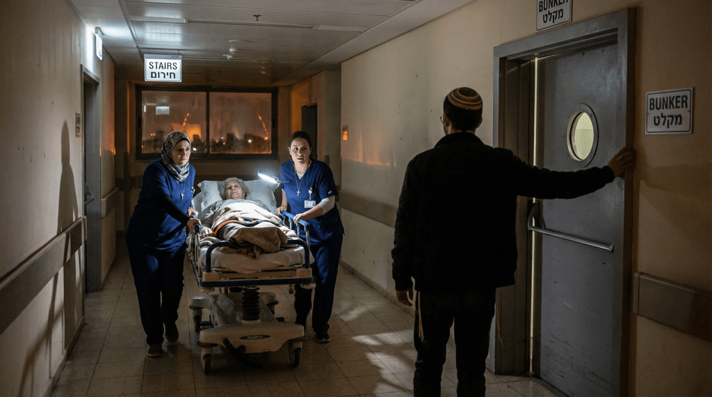 Dos enfermeras —una con hiyab y otra con crucifijo— empujan la camilla de un anciano por el pasillo oscuro de un hospital en Tel Aviv hacia la puerta de un búnker, donde un joven con kipá les cierra el paso. Al fondo, el cielo nocturno arde con destellos de explosiones. Escena cinematográfica que ilustra la crónica "Bajo la misma sirena".