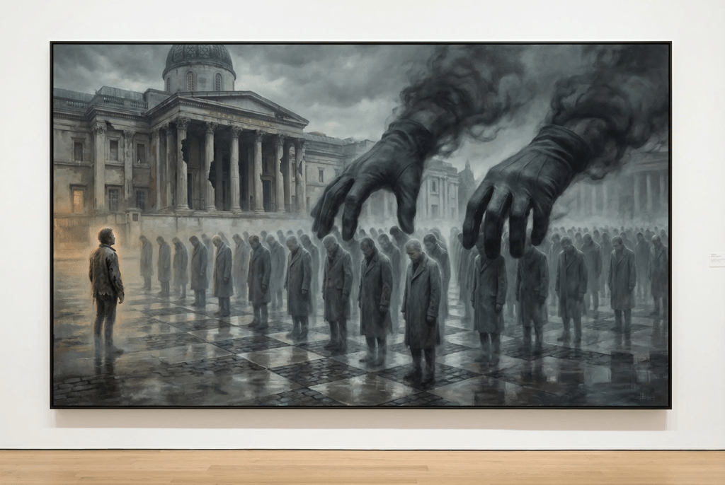 Multitud de figuras grises e idénticas en una plaza pública, dispuestas como piezas de ajedrez por enormes manos oscuras que descienden del cielo. Al margen, una única figura luminosa mira en dirección contraria, simbolizando la emancipación frente a la apatía política. Al fondo, un edificio gubernamental de estilo clásico bajo un cielo nublado.