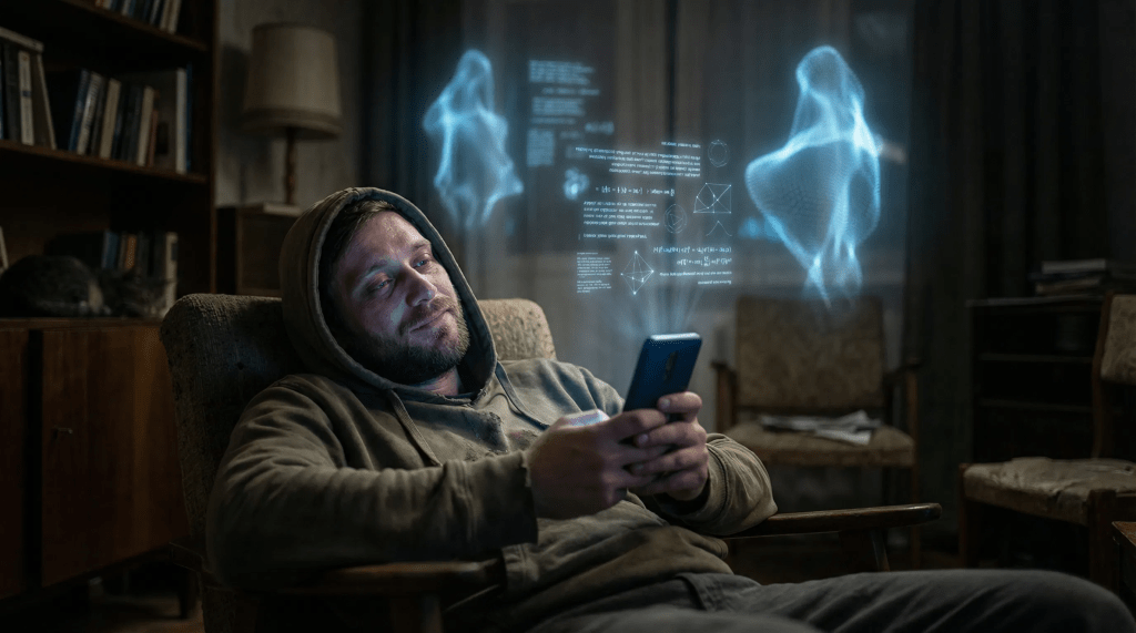 Hombre cansado sentado en un sillón, absorto en la pantalla de su teléfono, mientras dos figuras holográficas translúcidas de inteligencia artificial dialogan a su espalda rodeadas de fórmulas y conceptos filosóficos luminosos, en una habitación oscura con iluminación cinematográfica.