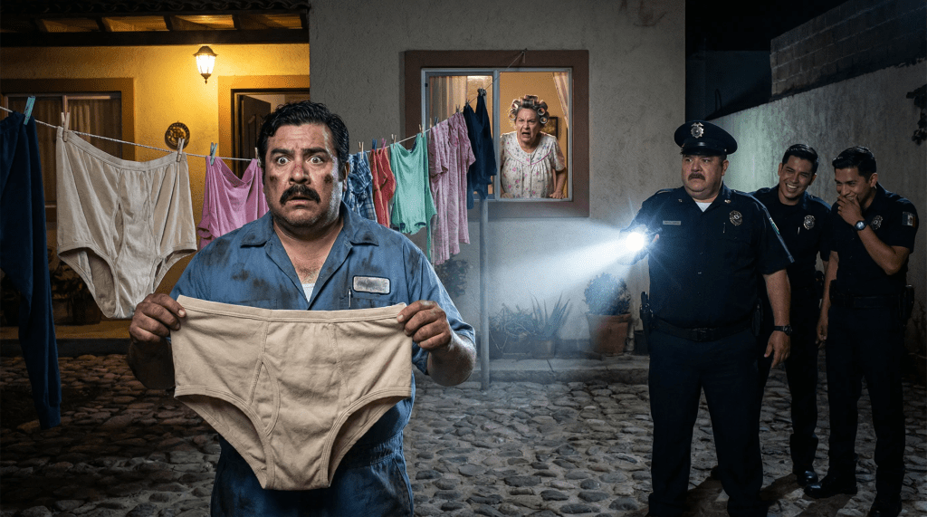 Mecánico panzón con bigote capturado en flagrancia en un patio mexicano, sosteniendo unos enormes calzones beige, mientras el comandante lo ilumina con una linterna y dos policías se ríen disimuladamente, y una señora furiosa con rulos observa desde la ventana.