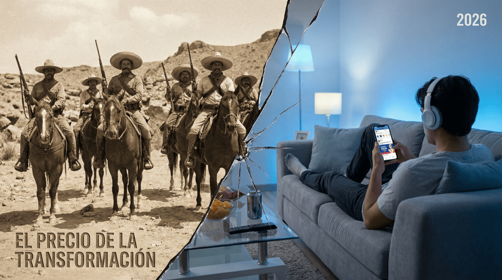 Imagen cinematográfica y satírica para el ensayo "El Precio de la Transformación". La escena está dividida por una grieta: a la izquierda, revolucionarios de Villa en el desierto (sacrificio real); a la derecha, una persona en un sofá cómodo usando su celular (militancia digital). La iluminación contrasta la dureza del pasado con el brillo artificial del presente.