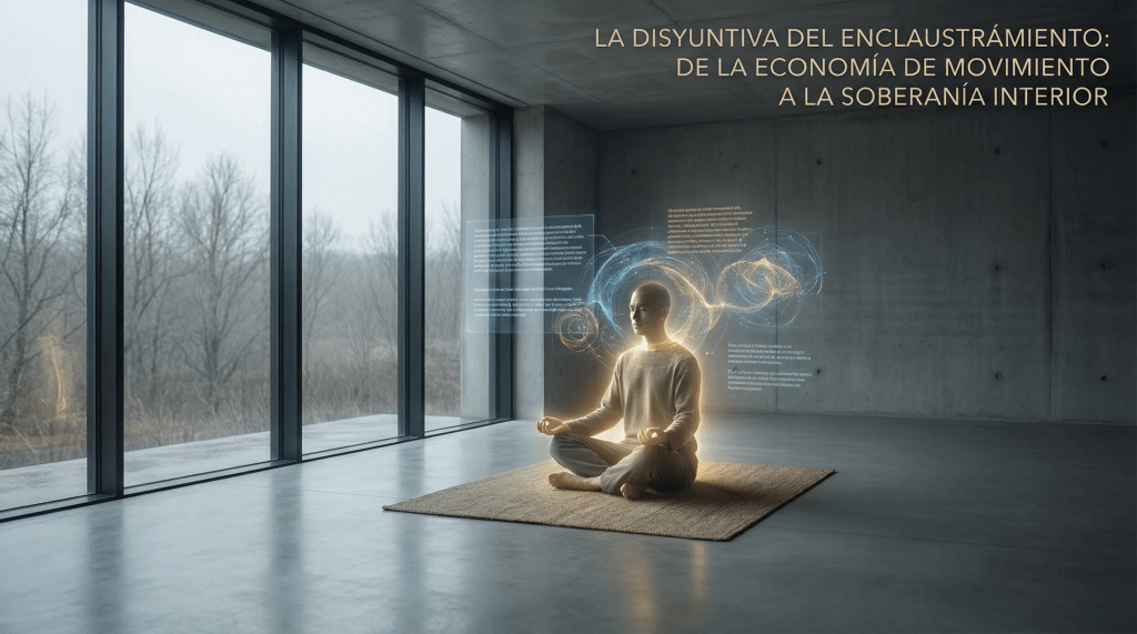 Imagen cinematográfica e hiperrealista para el ensayo "La Disyuntiva del Enclaustramiento: De la Economía de Movimiento a la Soberanía Interior". La escena muestra una habitación moderna y minimalista con grandes ventanales que dan a un paisaje exterior borroso y desolado, sugiriendo un desapego voluntario del mundo exterior. En el centro, una figura solitaria medita en posición de loto sobre una alfombra, irradiando una luz cálida y suave desde su interior. Alrededor de la figura, sutiles proyecciones holográficas de textos filosóficos complejos y patrones energéticos intrincados flotan en el aire, simbolizando el crecimiento intelectual y espiritual. La habitación está despejada, enfatizando una sensación de paz interior y concentración. La atmósfera es de introspección serena y elección empoderada, contrastando con las restricciones externas implícitas.
