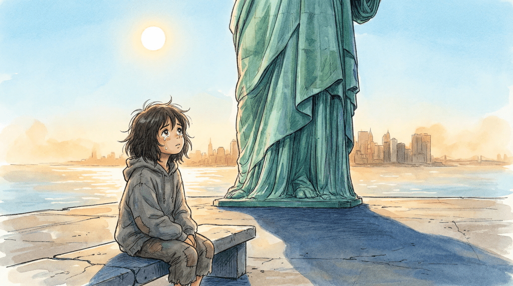 Ilustración estilo anime cinematográfico melancólico. Una niña pequeña y frágil de diez años, con una expresión de cansancio y una lágrima sutil, se sienta en un banco de concreto frente a la base colosal de la Estatua de la Libertad. El sol del mediodía crea sombras marcadas y una atmósfera pesada. La niña se ve diminuta ante la inmensidad del cobre oxidado. Al fondo, el horizonte de Manhattan se desvanece en una bruma de calor. La atmósfera es de aislamiento y una profunda tristeza silenciosa.