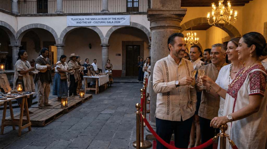Imagen cinematográfica y satírica para el anexo local "Tlaxcala: El Simulacro del Huipil y el VIP" en 2026. La escena muestra una gala cultural de alto nivel en un patio de estilo colonial en Tlaxcala. En primer plano, un grupo de burócratas con aspecto engreído visten versiones costosas y hechas a medida de ropa tradicional indígena tlaxcalteca (huipiles, camisas bordadas), pero complementadas con relojes y joyas de lujo. Están en una zona "VIP" rodeada por una gruesa cuerda de terciopelo rojo y postes dorados, brindando con copas de cristal y riendo. Al fondo, más allá de la cuerda de terciopelo y en las sombras, un grupo de artesanos y músicos locales reales, con ropa tradicional sencilla y desgastada, realizan sus labores o muestran sus artesanías en mesas de madera simples, siendo ignorados por la élite. La iluminación resalta la zona VIP con candelabros costosos, mientras que los artesanos al fondo están bajo una luz tenue y natural. La atmósfera general es de un marcado contraste social, hipocresía y el "simulacro" de la cultura institucional.