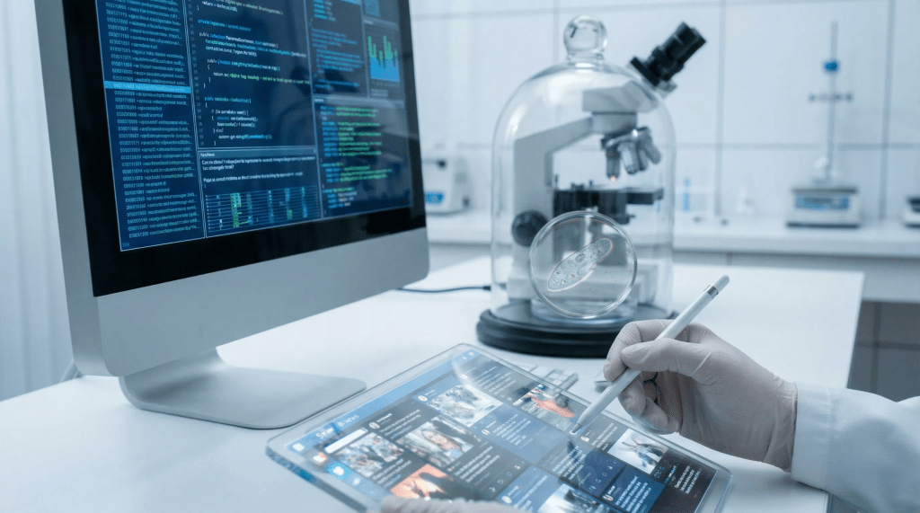 Imagen hiperrealista de un entorno de laboratorio con luz clínica. En primer plano, una mano humana (género neutro) con guante blanco sostiene una tablet que muestra un flujo de contenido digital fragmentado. En el centro, un monitor de computadora muestra patrones de datos abstractos y líneas de código, representando la IA. Detrás, bajo una campana de cristal, un microscopio revela un Paramecium magnificado. La composición enfatiza la reflexión filosófica sobre la conciencia y la atención en la era digital, contrastando la complejidad humana, la analítica de la IA y la simplicidad del microorganismo.