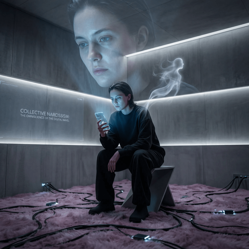 Imagen cinematográfica e hiperrealista para el ensayo sobre el narcisismo colectivo y la omnisciencia digital en 2026. La figura central es una persona joven en una habitación oscura y minimalista, sentada en una postura que recuerda a 'El Pensador', pero mirando intensamente un smartphone que brilla en su mano. La luz azul del teléfono ilumina su rostro, resaltando una expresión vacía e hipnótica. En el fondo, una proyección holográfica gigante y semitransparente del propio rostro de la persona la observa, creando un bucle recursivo de auto-observación. Alrededor de la persona, una figura fantasmal y luminosa (que representa el alma) se aleja como un jirón de humo brillante, ignorada como un 'apéndice estorboso'. El suelo está cubierto de un material 'fofo' que parece una mezcla de carne rosada y cables digitales, representando la 'fofa materialidad' de la sociedad de 2026. La iluminación es dramática, con sombras fuertes y el brillo artificial de la tecnología dominando la escena.
