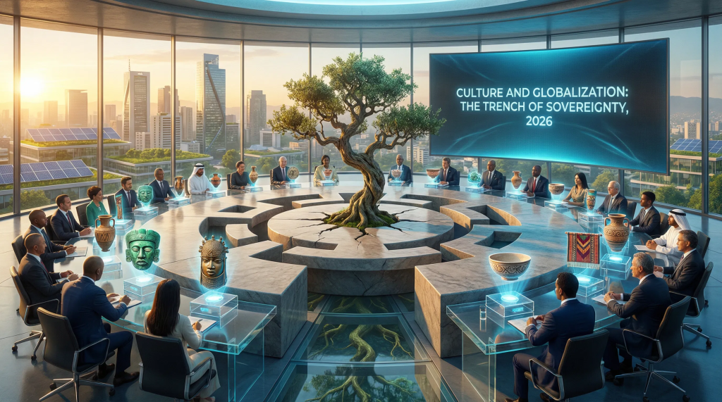 Imagen cinematográfica e hiperrealista para el ensayo "Cultura y Globalización: La Trinchera de la Soberanía" en 2026. La escena muestra una sala de cumbres internacionales futurista y de alta tecnología en la Ciudad de México. En el centro, una gran mesa de piedra pulida con la forma de un símbolo prehispánico estilizado está rodeada por diversos líderes mundiales. En lugar de banderas tradicionales, cada asiento tiene una proyección holográfica brillante de la pieza cultural más icónica de su país (una máscara maya, una escultura africana, un jarrón griego, etc.), representando la "multilateralidad". En medio de la mesa, un árbol real, vibrante y de aspecto antiguo (que representa las "raíces culturales") crece de una grieta en la piedra, con sus raíces visibles a través de secciones transparentes del suelo. Fuera de los grandes ventanales, se ve un horizonte moderno de la Ciudad de México bajo un amanecer claro y esperanzador. La iluminación es una mezcla de luz solar natural cálida y el brillo azul frío de los hologramas. La atmósfera es de respeto mutuo, soberanía y un nuevo orden mundial basado en la integridad cultural.