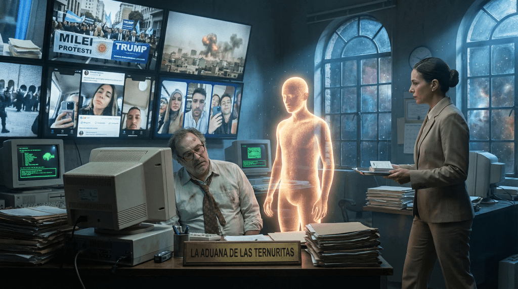 Imagen cinematográfica e hiperrealista para el cuento satírico "La Aduana de las Ternuritas". La escena es una oficina burocrática celestial, que recuerda a una oficina gubernamental de los años 90 pero con elementos etéreos. En primer plano, un alma ingenua y brillante (representada como una figura humanoide de luz pura) se encuentra frente a un Maestro Guía de aspecto cansado (un hombre de mediana edad con gafas gruesas y corbata desaliñada) que teclea en un viejo monitor de pantalla verde. Detrás de ellos, una pared de monitores muestra imágenes caóticas y de rápido cambio de la Tierra en 2026: explosiones en Gaza, mítines políticos con figuras como Milei y Trump, e interminables selfies. Una secretaria severa con un moño apretado y una pila altísima de formularios se acerca, sosteniendo una bandeja de pago. La atmósfera es una mezcla de burocracia cósmica, humor negro y un toque de lo absurdo.