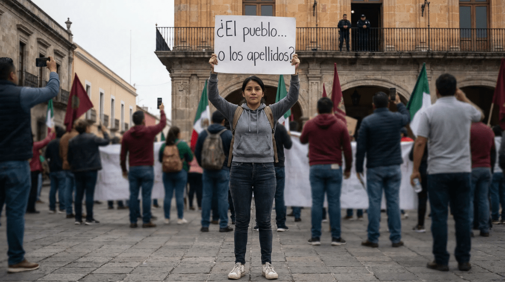 Fotografía hiperrealista de una joven mujer mexicana llamada Ana, sosteniendo un cartel escrito a mano en una plaza colonial de Tlaxcala, rodeada de manifestantes con banderas políticas. Al fondo, el edificio legislativo con figuras observando desde los balcones. Imagen que ilustra el cuento "La república de los cuatro apellidos", sobre el poder político, la resistencia ciudadana y el destino de quienes se atreven a desafiar la narrativa oficial.