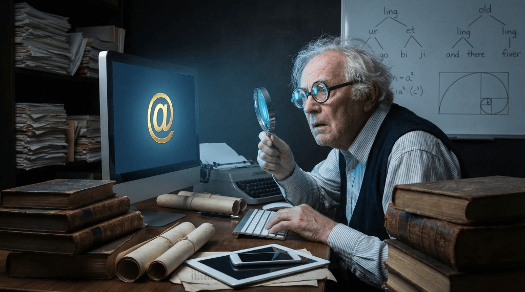 Imagen cinematográfica y satírica. Un lingüista anciano y excéntrico, con el cabello blanco alborotado y gafas gruesas, observa intensamente una pantalla de computadora que brilla con una luz azul. Sostiene una lupa frente a la pantalla, enfocándose en un único y gigante símbolo de '@' que brilla en color dorado. Su escritorio está abarrotado de libros antiguos y polvorientos, pergaminos y una máquina de escribir vintage, junto a dispositivos modernos como un smartphone y una tableta. La habitación está tenuemente iluminada, con pilas de papel que llegan al techo. La expresión del hombre es de asombro místico y frustración. Al fondo, una pizarra blanca está cubierta de diagramas lingüísticos complejos y espirales de Fibonacci. La atmósfera general es una mezcla entre el estudio de un antiguo alquimista y una oficina tecnológica moderna.