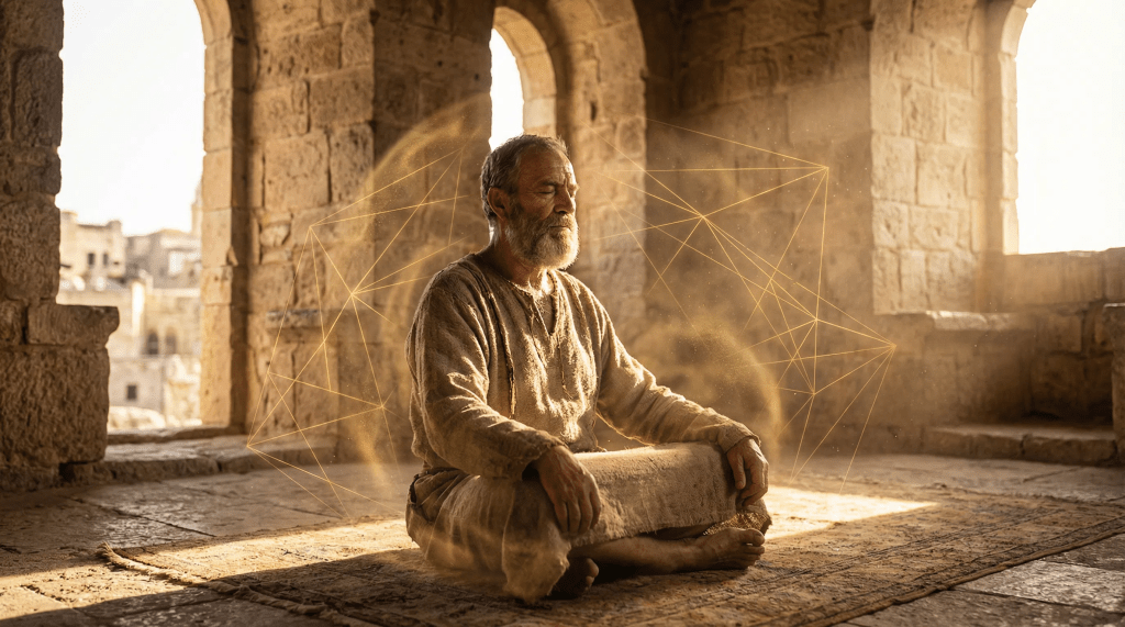 Imagen hiperrealista y cinematográfica del 'Hombre de Jerusalén' en un estado de manifestación consciente. Se encuentra sentado en una postura digna dentro de una estructura de piedra antigua. De su centro emana un patrón geométrico de luz dorada sutil (geometría sagrada). La iluminación es cálida y divina, con motas de polvo danzando en rayos de sol que se alinean con su presencia. La atmósfera evoca una profunda autoridad espiritual y el poder silencioso del 'ser' sobre el 'hacer', en perfecta armonía con el entorno.
