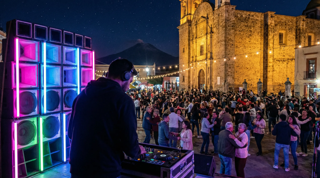 Imagen hiperrealista y vibrante de un baile sonidero tradicional en una plaza de Tlaxcala. En primer plano, la silueta de un DJ (sonidero) frente a torres de audio iluminadas con neones multicolores. Al fondo, una multitud diversa baila en armonía bajo un cielo estrellado, con la silueta de una iglesia colonial y un volcán lejano. La composición captura la energía, la alegría y el sentido de comunidad que define el movimiento de la cumbia popular en la región.