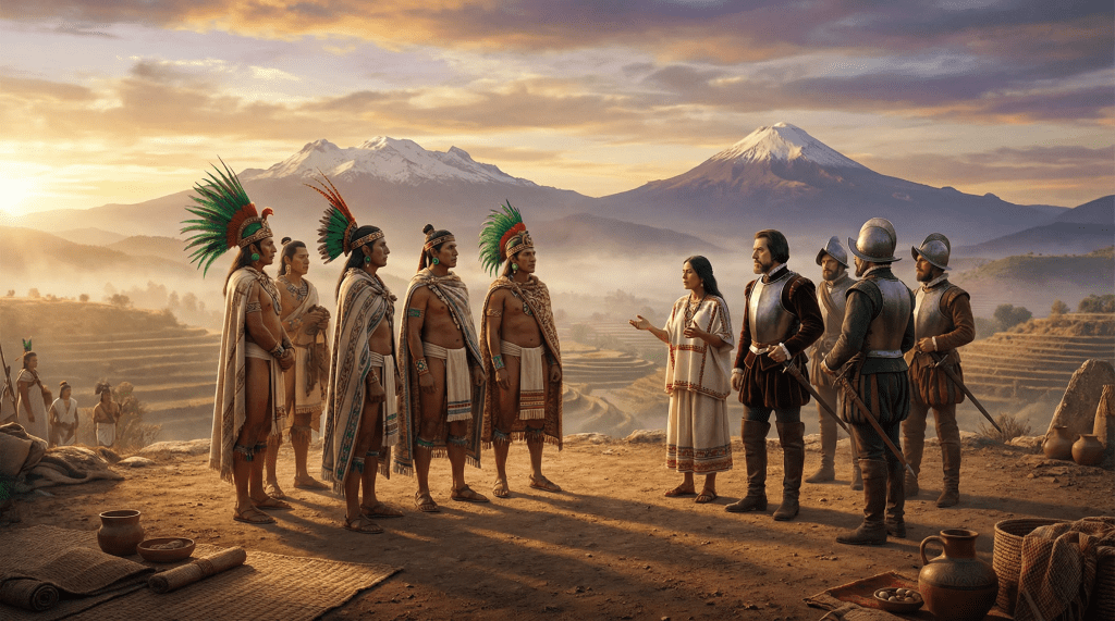 Imagen épica e hiperrealista que conmemora los 500 años de Tlaxcala. En el centro, un encuentro digno entre los señores de Tlaxcala (tecuhtli) con sus majestuosos trajes de plumas y figuras españolas como Hernán Cortés y La Malinche. Los señores tlaxcaltecas muestran una postura de soberanía e inteligencia estratégica. Al fondo, los volcanes Popocatépetl e Iztaccíhuatl bajo un cielo dorado de amanecer. La composición simboliza el nacimiento de una nueva era y el papel fundacional de Tlaxcala en la historia de la nación.
