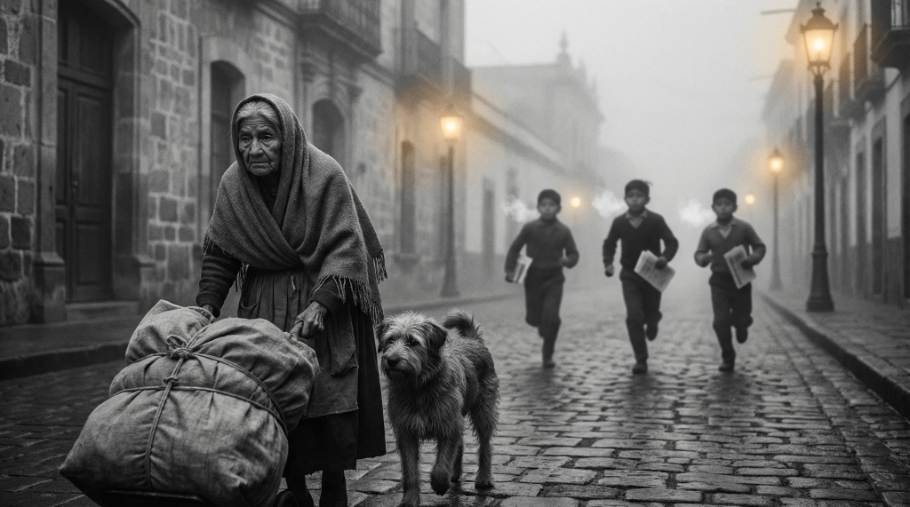 Imagen nostálgica y cinematográfica en blanco y negro de una calle de Tlaxcala en los años 70 al amanecer. Una densa neblina cubre el pavimento y los edificios coloniales. En primer plano, una mujer anciana y menuda (Doña Marcelita) con el rostro arrugado carga un fajo de periódicos, acompañada por un perro fiel (Pulgoso). Al fondo, las siluetas borrosas de tres niños corriendo con periódicos bajo el brazo, con el vaho de su respiración visible en el aire frío. La escena captura la esencia de un oficio perdido y la melancolía de una época pasada.

