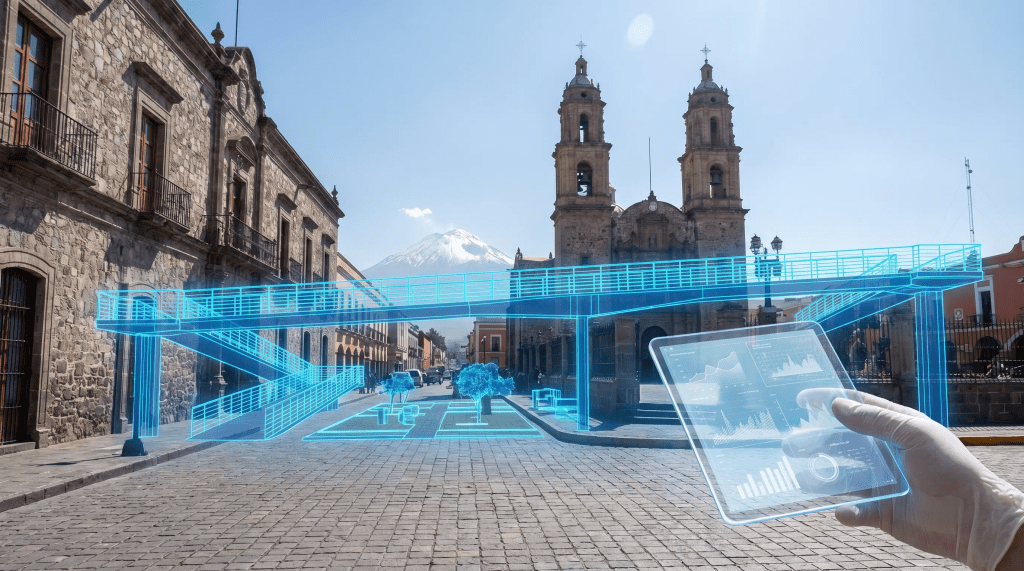 Imagen conceptual e hiperrealista que simboliza la transparencia urbana en Tlaxcala. Un plano arquitectónico digital y traslúcido en color azul se superpone a una vista real del centro histórico de Tlaxcala con sus iglesias coloniales y el volcán al fondo. Una mano sostiene una tablet transparente que muestra gráficos y datos del proyecto, representando el gobierno abierto y la planeación profesional. La iluminación clara y optimista evoca una visión de futuro basada en la honestidad y la participación ciudadana.
