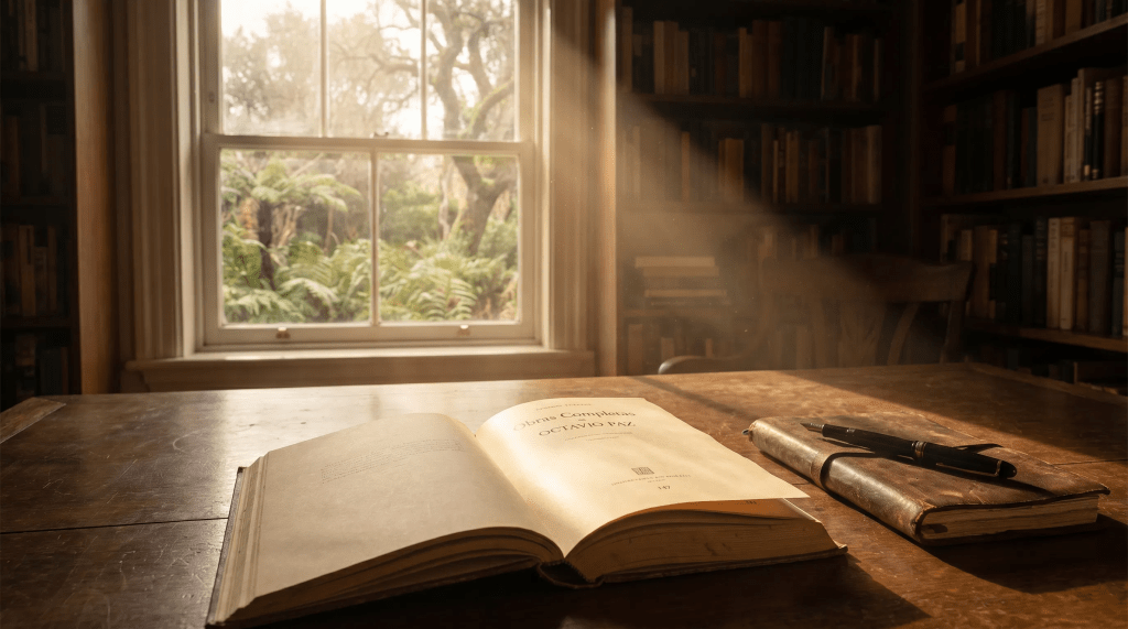 Imagen poética e hiperrealista de un escritorio de madera noble en un estudio bañado por una luz dorada y suave. Sobre el escritorio, el Tomo VII de las Obras Completas de Octavio Paz está abierto en la página 147. Una pluma estilográfica descansa junto al libro sobre un cuaderno de piel. A través de la ventana se ve un jardín sereno que evoca la atmósfera de 'Libertad bajo palabra'. La escena captura el silencio profundo, la densidad intelectual y la presencia viva del autor a través de sus palabras.
