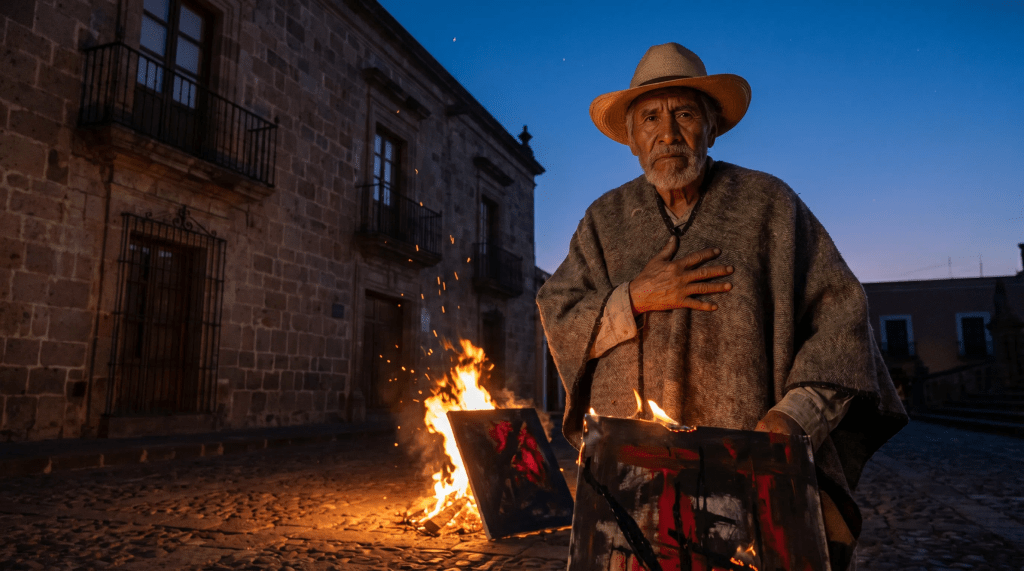 Imagen artística e hiperrealista de un artista mexicano de avanzada edad (Teódulo Rómulo) con una expresión digna y resuelta frente a un edificio colonial al atardecer. En primer plano, un fuego consume simbólicamente un lienzo, con chispas danzando en el aire. La iluminación cálida del fuego destaca su rostro curtido y su vestimenta tradicional, mientras el fondo muestra la silueta del museo bajo un cielo crepuscular. La escena captura el 'fuego de la dignidad' como una poderosa metáfora de la protesta artística y el sacrificio por el respeto institucional.
