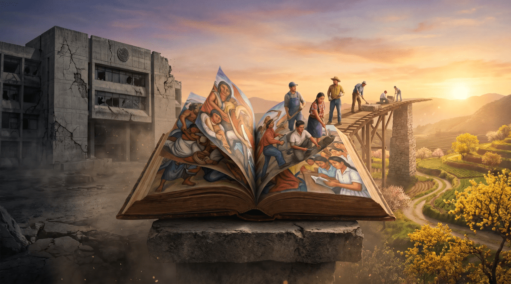 Imagen conceptual e hiperrealista que simboliza la evolución del intelectual en México. En el centro, un gran libro antiguo abierto sobre un pedestal de piedra, de cuyas páginas emergen murales vibrantes que se transforman en personas reales (indígenas, trabajadores, estudiantes) construyendo un puente hacia un amanecer brillante. A la izquierda, una estructura gris y rígida que representa el pasado se desmorona, mientras a la derecha florece un paisaje dorado y abierto que simboliza la justicia y el humanismo. La escena captura la transición de la sombra del poder a la luz del compromiso social.