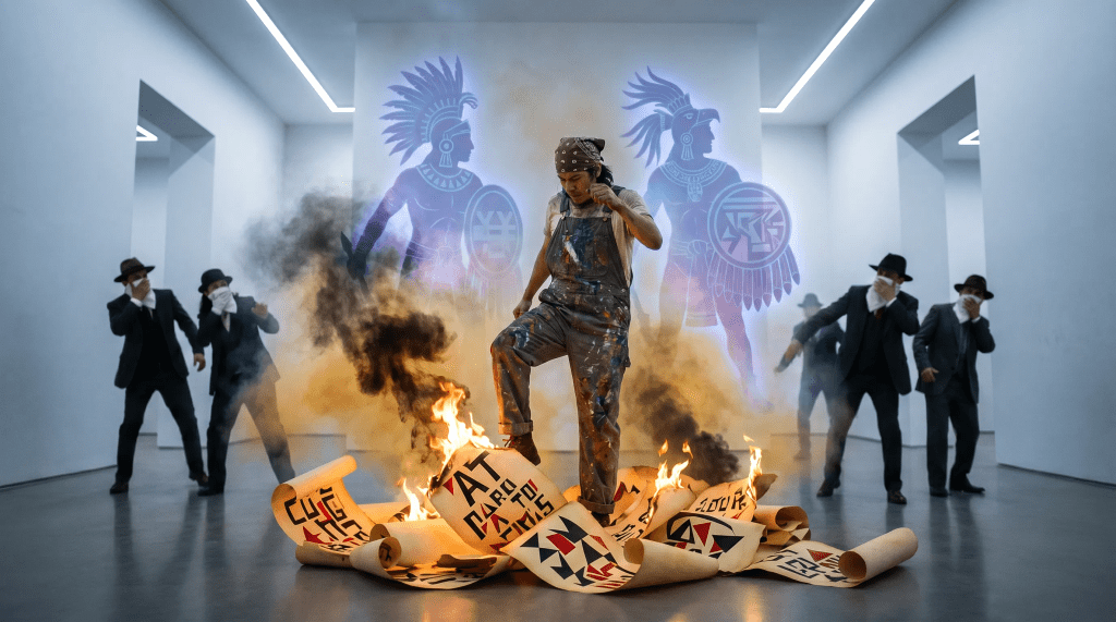 Imagen cinematográfica y vanguardista que representa la protesta del artista en el museo. En el centro, un artista apasionado pisa pergaminos en llamas que contienen tipografía estridentista y formas geométricas. Un humo denso negro y ocre se eleva, revelando siluetas colosales y traslúcidas de antiguos guerreros tlaxcaltecas que parecen protegerlo. Al fondo, figuras borrosas de funcionarios elegantes se cubren la nariz con pañuelos, horrorizados. El estilo fusiona el futurismo con el muralismo mexicano, capturando un momento de revelación espiritual y purificación revolucionaria.
