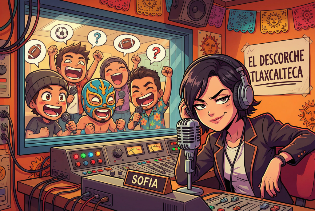Cabina de radio estilo anime cómico con Sofía "La Voz Cruda" en primer plano y los "Pitidos del Más Allá" detrás del cristal, con expresiones exageradas de hinchas. El letrero "El Descorche Tlaxcalteca" visible en la pared.