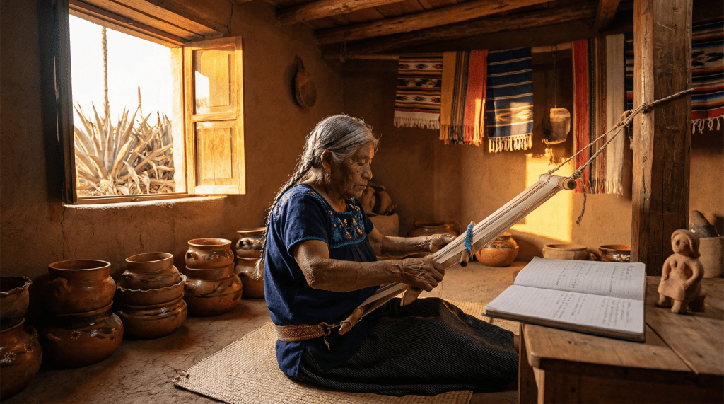 Artesana tlaxcalteca de cabello plateado teje en telar de cintura dentro de una habitación de adobe, rodeada de ollas de barro y textiles coloridos colgados en las vigas. La luz del atardecer entra por una ventana junto a un maguey. Imagen que ilustra la crónica "El eco de las manos de barro: Adiós a Yolanda Ramos Galicia".