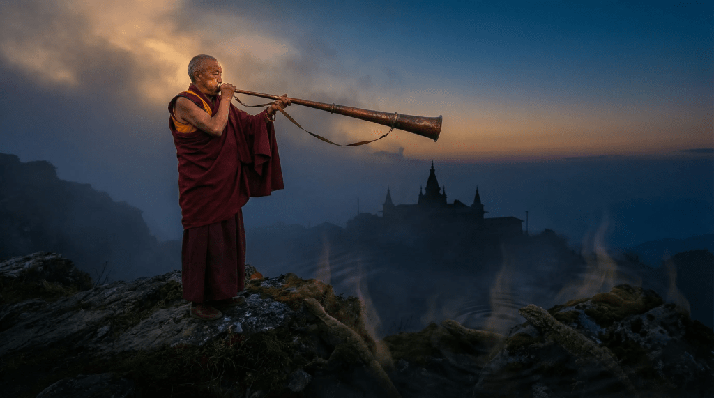 Imagen hiperrealista y cinematográfica de un monje tibetano en una alta cresta del Himalaya al atardecer. Sostiene una larga corneta 'dungchen' de cobre que se extiende hacia el horizonte brumoso. La iluminación es dramática, con un tono azul frío y un resplandor dorado en las túnicas del monje. En las sombras del primer plano, se aprecian sutiles distorsiones en el aire que sugieren la presencia de seres reptilianos camuflados, revelados por la vibración del sonido. La composición captura la tensión entre el mundo físico y el vibratorio, simbolizando la resistencia espiritual y el conocimiento secreto.