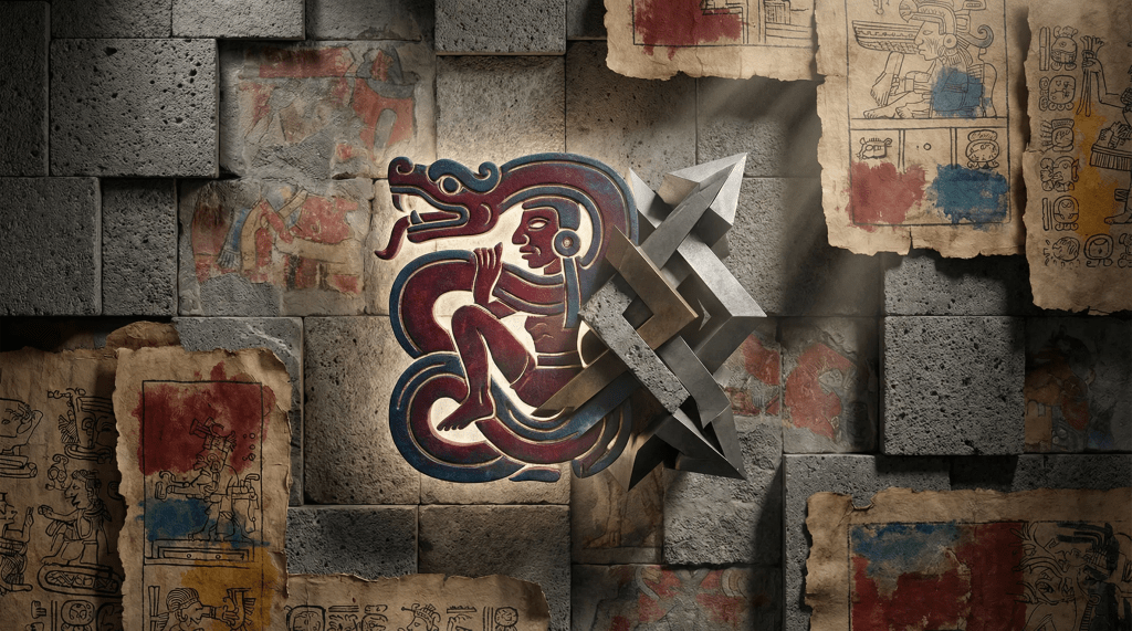 Composición artística e intelectual que funciona como un diagrama visual de la 'Teoría de la Forma' en Tlaxcala. En el centro, un glifo prehispánico estilizado y brillante (inspirado en Cacaxtla) transita hacia las líneas geométricas afiladas de una escultura moderna. El fondo presenta capas de piedra volcánica (cantera) y papel amate antiguo. La paleta de colores destaca el rojo cinabrio, el azul maya y los ocres de la tierra, simbolizando la soberanía cromática de la región. La imagen captura la continuidad ontológica entre las raíces ancestrales y la expresión artística soberana de Tlaxcala.