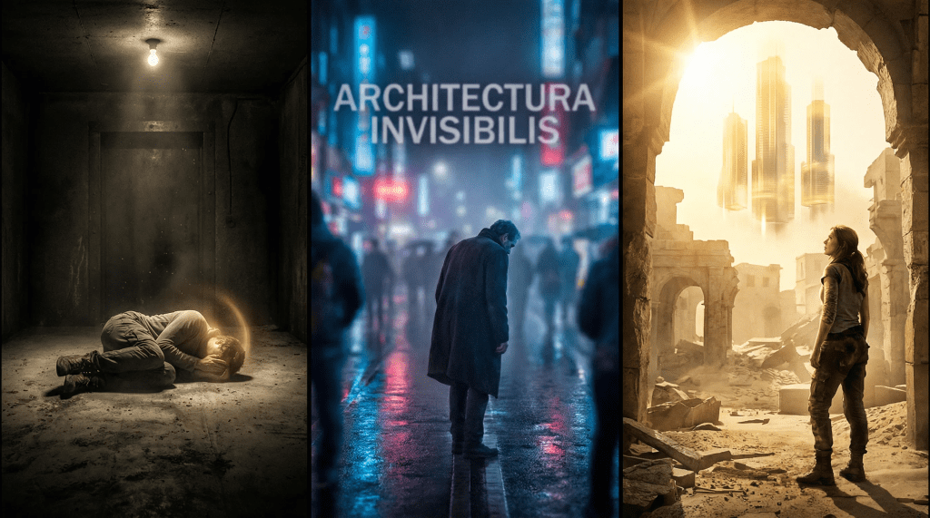 Imagen hiperrealista y cinematográfica con una composición de pantalla dividida que representa tres escenas de la historia "La Arquitectura de lo Invisible". A la izquierda, un búnker oscuro con una figura en posición fetal rezando intensamente bajo una luz tenue. A la derecha, una mujer entre escombros de una ciudad en ruinas, mirando una visión dorada y futurista de rascacielos que brilla como un espejismo sobre la destrucción. En el centro, una figura borrosa y encorvada en una calle urbana oscura iluminada por neones, simbolizando la pérdida del yo. La composición enfatiza el contraste entre la dura realidad material y las proyecciones mentales de esperanza o negación.