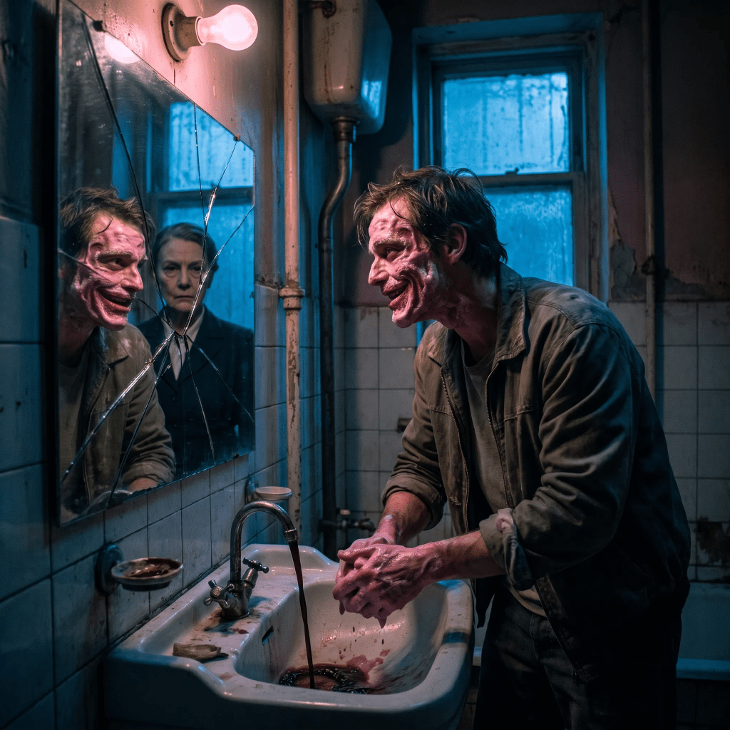 Imagen surrealista e hiperrealista de un hombre frente al espejo del baño. Su rostro está parcialmente cubierto por una espuma de jabón rosa espesa que parece una máscara de huehue con una sonrisa cínica. Del grifo fluye un líquido oscuro y denso como chapopote. El espejo está agrietado y el reflejo muestra una mezcla entre su cara y el rostro severo de una mujer autoritaria. La iluminación es dramática, con sombras profundas y un contraste entre el azul frío del baño y el rosa cálido del jabón, capturando una atmósfera kafkiana y psicológica.
