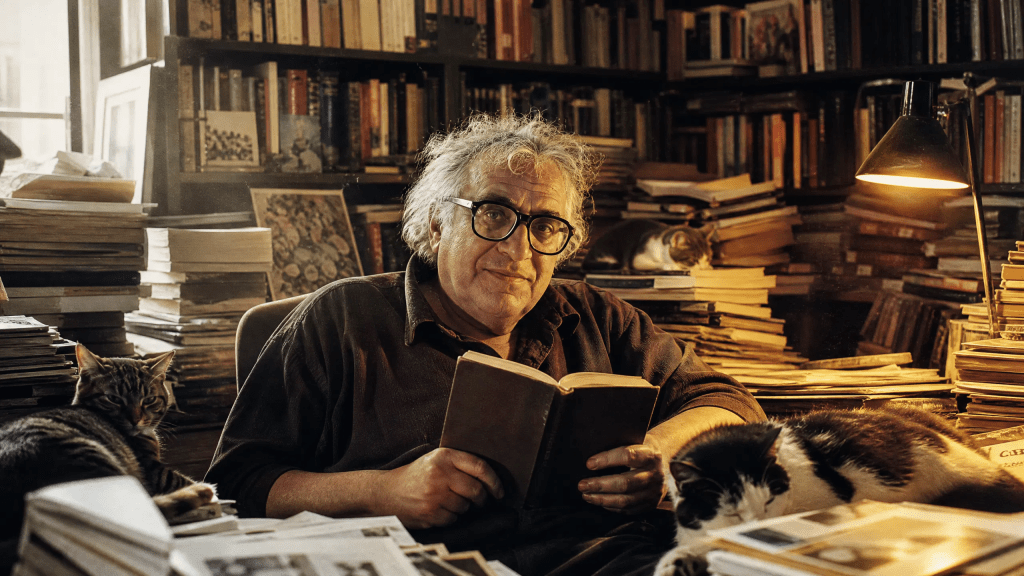 Imagen icónica e hiperrealista de Carlos Monsiváis en su legendaria biblioteca de la colonia Portales. Rodeado de estanterías que llegan al techo, pilas de periódicos y sus inseparables gatos, Monsiváis sostiene un libro con una expresión de curiosidad e ironía. La iluminación cálida resalta la atmósfera de erudición y compromiso social que definió su vida, capturando la esencia del hombre que entendió a México a través de sus palabras y sus gentes.