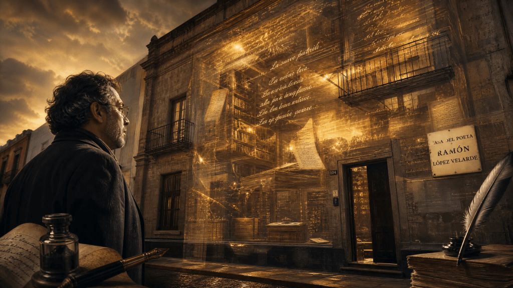 Imagen conceptual e hiperrealista de la Casa del Poeta Ramón López Velarde en la Ciudad de México. La fachada del edificio colonial es parcialmente traslúcida, revelando en su interior estanterías llenas de libros y un manuscrito dorado de poesía que flota con luz propia. En primer plano, la silueta de un hombre intelectual (inspirado en Jorge Juanes) observa la casa con determinación. La escena simboliza la protección del pensamiento y la cultura frente al olvido, bajo una iluminación dramática y sagrada.