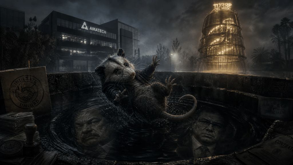 Imagen cinematográfica y surrealista para el cuento 'La Sopa del Diablo'. En el centro, un tlacuache con expresión pensativa cae como un ángel caído en una cisterna oscura. El agua turbia refleja los rostros distorsionados de un líder sindical y un burócrata. Al fondo, se observa el edificio de Amatech y una misteriosa torre de cristal iluminada (la 'torre del miedo'). La atmósfera es de misterio noir, con sombras que ocultan fajos de dinero y sellos oficiales, simbolizando la podredumbre institucional.
