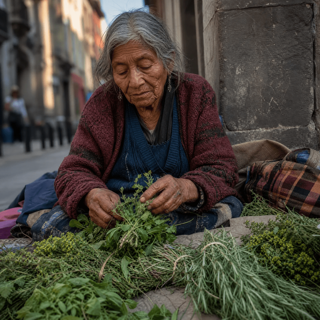 Retrato hiperrealista y digno de una mujer indígena de unos 70 años, con el rostro marcado por la vida pero con una expresión serena y resiliente. Está sentada en una manta gastada en una acera de la ciudad, rodeada de manojos de hierbas medicinales frescas (estafiate, epazote, ruda, romero). Sus manos, nudosas pero delicadas, están arreglando las hierbas. La iluminación es suave y cálida, resaltando las texturas de su piel y los colores vibrantes de las plantas. El fondo urbano difuminado sugiere su vida en la calle, pero el enfoque está en ella y su conexión con la tierra y sus remedios. La atmósfera general es de fuerza tranquila, sabiduría y resistencia.
