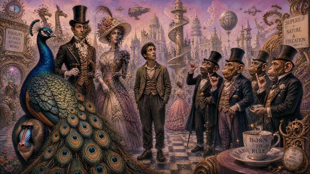 Una escena cinematográfica surrealista y sarcástica ambientada en un reino fantástico de colores pastel. En primer plano, un majestuoso pavo real con plumaje iridiscente pero una grotesca cola de mandril (parcialmente oculta) se yergue orgulloso, representando la hipocresía. Cerca de él, elegantes figuras victorianas visten ropas opulentas, pero un lado de sus cuerpos es visiblemente deforme y descolorido, simbolizando el racismo. Un grupo de personajes con cara de mono, gestos exagerados y el dedo meñique constantemente levantado (representando el clasismo) conversan pomposamente. En el centro, un "Hombre Normal" con atuendo sencillo observa con una expresión desconcertada pero perspicaz, contrastando con la artificialidad de los demás. El estilo mezcla el surrealismo de Dalí y el País de las Maravillas de Carroll, con un toque de humor negro y sátira social.