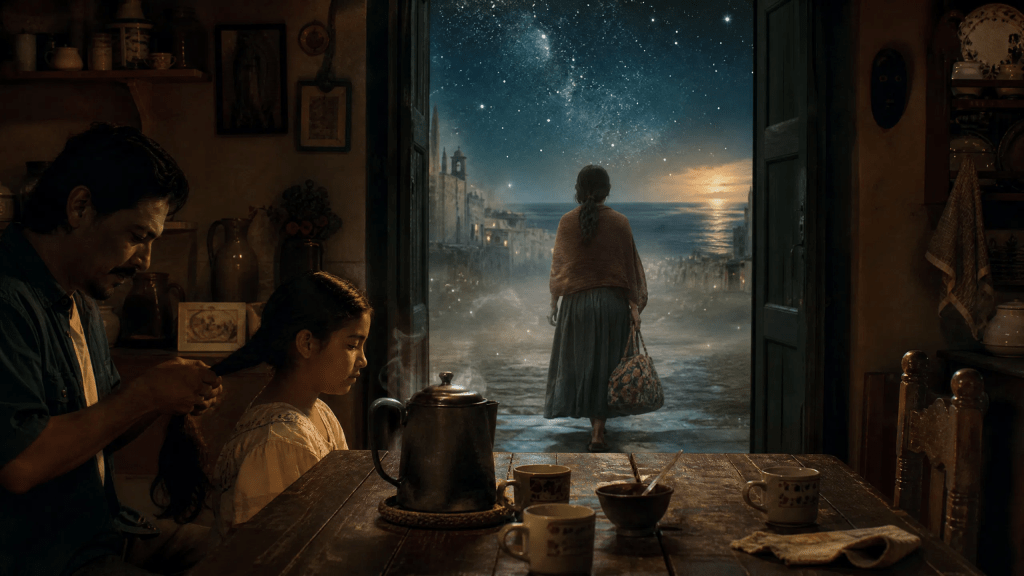 Una escena cinematográfica melancólica y ligeramente surrealista al anochecer en una cocina tradicional mexicana. En el centro, una mesa de madera sencilla sostiene una cafetera fría y tazas vacías. A través de una puerta abierta, vemos a una mujer de espaldas, alejándose hacia una calle brumosa y etérea, llevando una bolsa de tela floral. La calle parece disolverse en estrellas y un horizonte oceánico lejano, mezclando las diferentes versiones de su desaparición (sacrificio, misterio, escape). Dentro de la casa, se ve a un hombre en las sombras, trenzando el cabello de una niña con enfoque y ternura. La iluminación es suave y cálida por dentro, pero fresca y misteriosa por fuera. Estilo cinematográfico de los años 2000 con tonos ocres y azules.