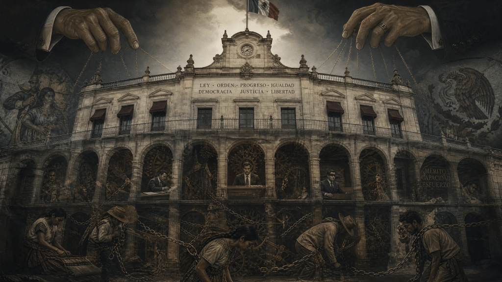 Una imagen impactante que representa la arquitectura invisible del poder en México y Tlaxcala. Un edificio de estilo colonial, con la fachada de "Ley, Orden, Progreso, Igualdad, Democracia, Justicia, Libertad", es manipulado por manos gigantes desde arriba, como marionetas. Debajo de la fachada, se revelan mecanismos ocultos y opresivos: engranajes, cadenas y figuras racializadas en posiciones de servidumbre, mientras hombres de traje observan desde oficinas. La escena evoca una tensión subyacente y la desigualdad estructural, con una paleta de colores apagados y contrastes de luz y sombra que resaltan lo oculto.

